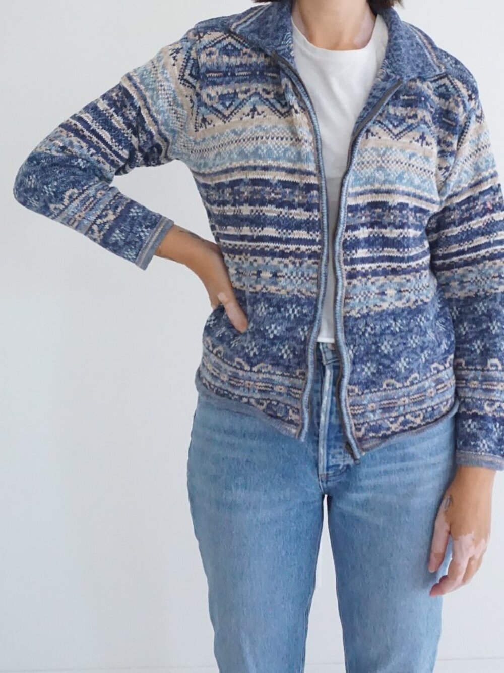 Vintage Tiara International Blue Cream Fair Isle Boho Knit Cardigan S